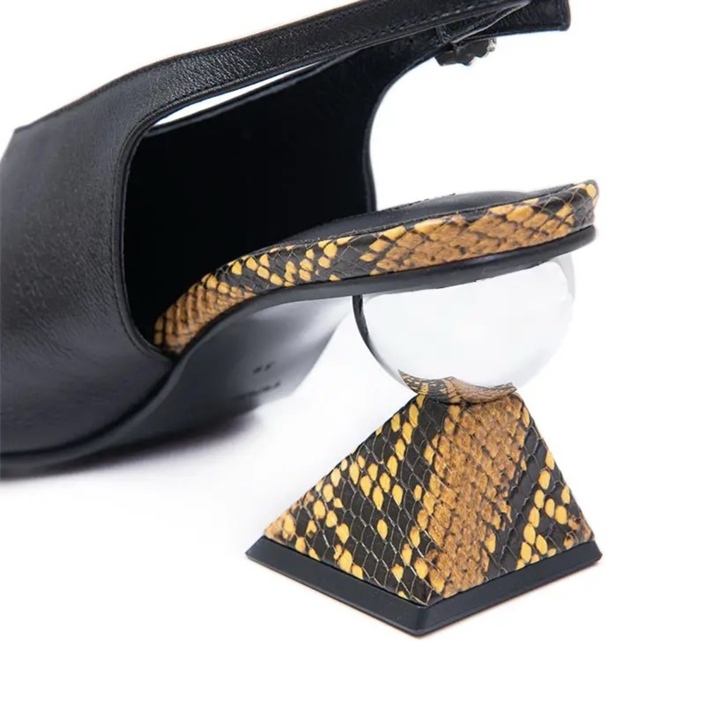 Black & Yellow Slingback pumps w sculptural block heel & mirror ball accent.US9 - Picture 2 of 16